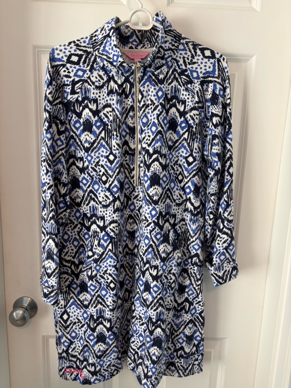 Lilly Pulitzer Skipper Popover Dress Blue White Ikat Oh My Cod Half Zip Size L
